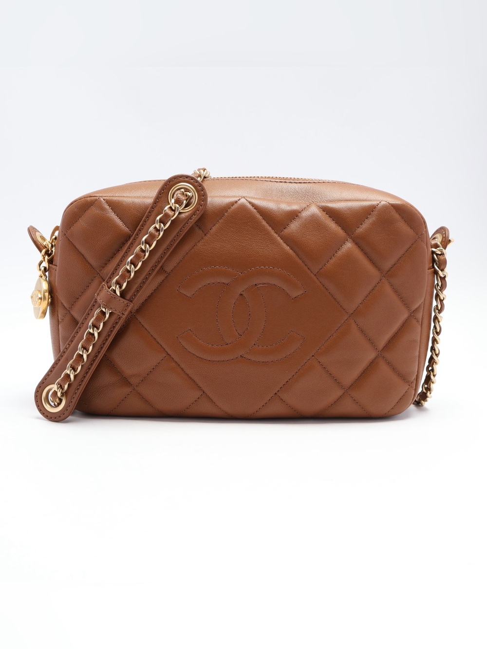 Authentic Chanel Diamond CC Camera Case Bag Quilted Lambskin Small